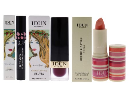 Idun Minerals Creme Lipstick - 206 Sylvia -203 Frida and Lip Crayon - 401 Agnetha Kit by Idun Minerals for Women - 3 Pc Kit 2 x 0.13oz Lipstick, 0.09oz Lipstick For Sale