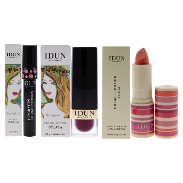 Idun Minerals Creme Lipstick - 206 Sylvia -203 Frida and Lip Crayon - 401 Agnetha Kit by Idun Minerals for Women - 3 Pc Kit 2 x 0.13oz Lipstick, 0.09oz Lipstick For Sale