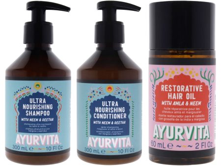 AyurVita Neem and Reetha Ultra Nourishing Conditioner and Shampoo with Amla and Neem Restorative Hair Oil Kit by AyurVita for Unisex - 3 Pc Kit 10oz Conditioner, 10oz Shampoo, 2oz Oil Fashion