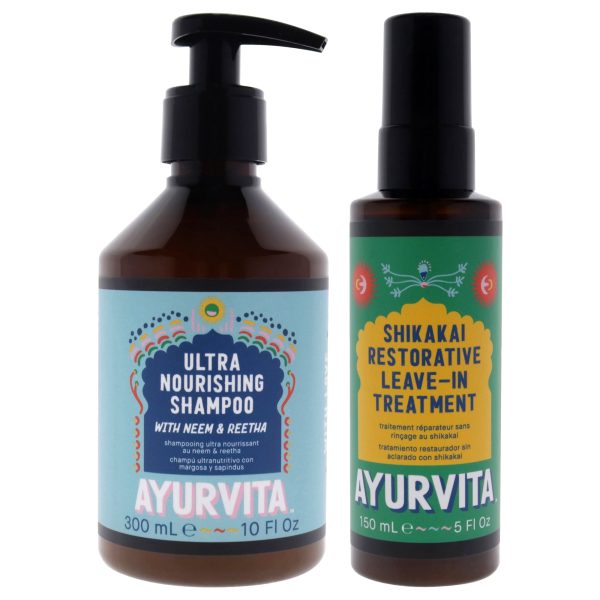 AyurVita Neem and Reetha Ultra Nourishing Shampoo with Shikakai Restorative Leave In Treatment Kit by AyurVita for Unisex - 2 Pc Kit 10oz Shampoo, 5oz Treatment Supply