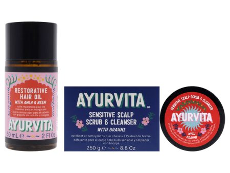 AyurVita Amla and Neem Restorative Hair Oil with Brahmi Sensitive Scalp Scrub and Cleanser Kit by AyurVita for Unisex - 3 Pc Kit 2 x 2oz Oil, 8.8oz Cleanser For Discount