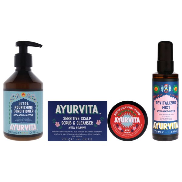 AyurVita Brahmi Sensitive Scalp Scrub and Cleanser - Neem and Reetha Ultra Nourishing Conditioner with Maka and Neem Revitalizing Mist Kit by AyurVita for Unisex - 3 Pc Kit 8.8oz Cleanser, 10oz Conditioner, 5oz Mist Hot on Sale